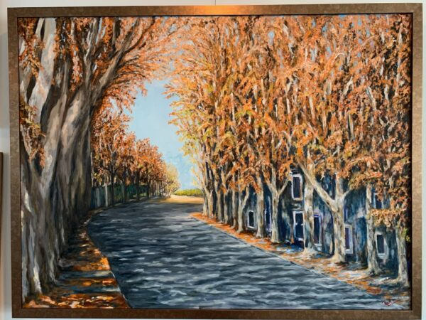 A painting of trees and road with no leaves
