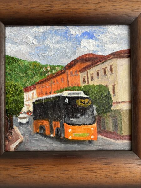 A painting of a bus driving down the street