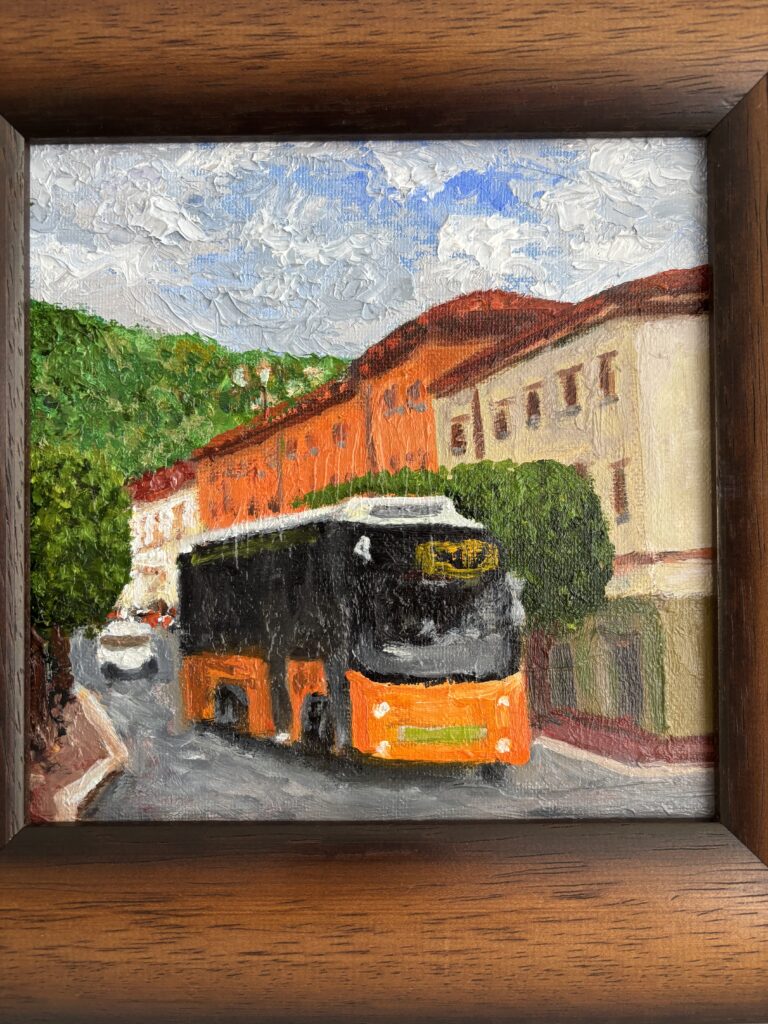 A painting of a bus driving down the street